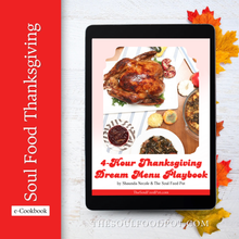 Load image into Gallery viewer, E-book cover of &#39;4-Hour Thanksgiving Dream Menu Playbook&#39; by Shaunda Necole &amp; The Soul Food Pot - with a tablet displaying a roasted turkey and side dishes on a red background.
